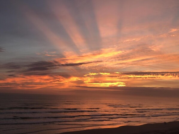 On the beach, sun loungers, beach towels