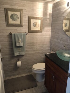 Combined shower/tub, hair dryer, towels, soap