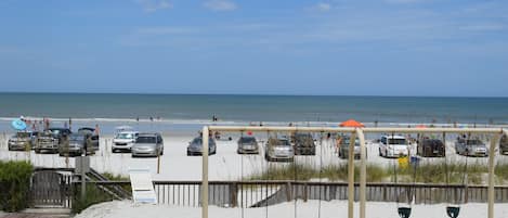 On the beach, sun loungers, beach towels