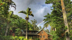 Eine Holzhütte, umgeben von üppigem Grün und einem deutlich sichtbaren Regenbogen.