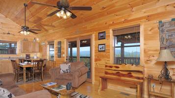 Flat-screen TV, fireplace, foosball