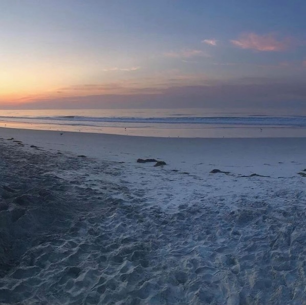 Une plage avec un ciel dégagé et une mer calme.