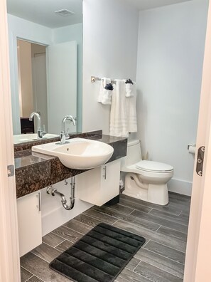 Combined shower/tub, hair dryer, towels, soap