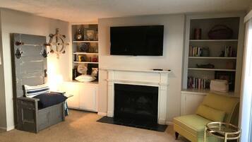 Smart TV, fireplace, books