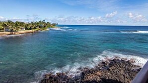 A coastal landscape with clear skies, a rocky shoreline, and a distant shoreline with vegetation. - Sleep to Surf Sounds & Trade Winds [or AC!] While Enjoying Your Oceanfront Home. (poipu)