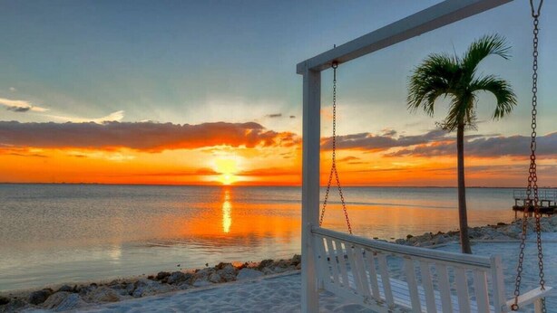 Una hamaca en la playa con una palmera, con vista al mar tranquilo al atardecer.