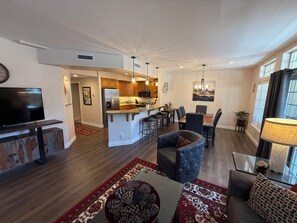 Smart TV, fireplace, DVD player, books
