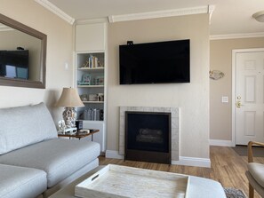 Smart TV, fireplace, Hulu, books