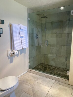 Combined shower/bathtub, hair dryer, towels, soap