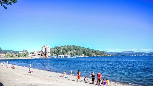 A beach with people sunbathing and swimming, a clear blue sky, and a forested hill in the background. - Fort Grounds Cottage Across from City Beach, Park & Downtown! (Coeur d'Alene)