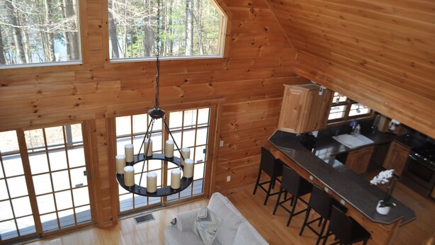 Eine Hütte mit Küchenzeile, Essbereich und Wohnzimmer mit Sofa und einer Deckenleuchte.