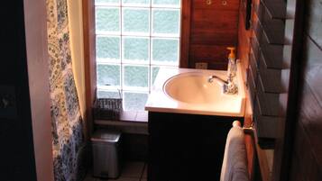 Combined shower/tub, hair dryer, towels