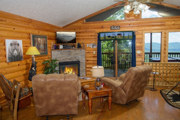 Smart TV, chimenea y libros