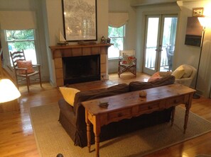 Televisión, chimenea, reproductor de DVD, libros