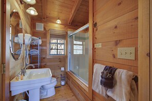 Combined shower/tub, jetted tub, hair dryer, towels
