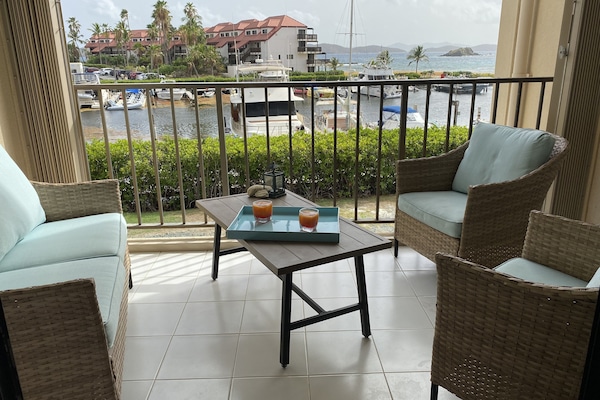 Balcony view with direct views of marina, St John’s , and BVIs.