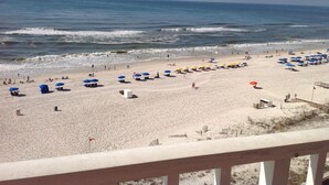 A beach with rows of umbrellas and sun loungers, a sandy shore, and the ocean in the background. - ⛱ 803 /ON the BEACH! 🏖 (Orange Beach)