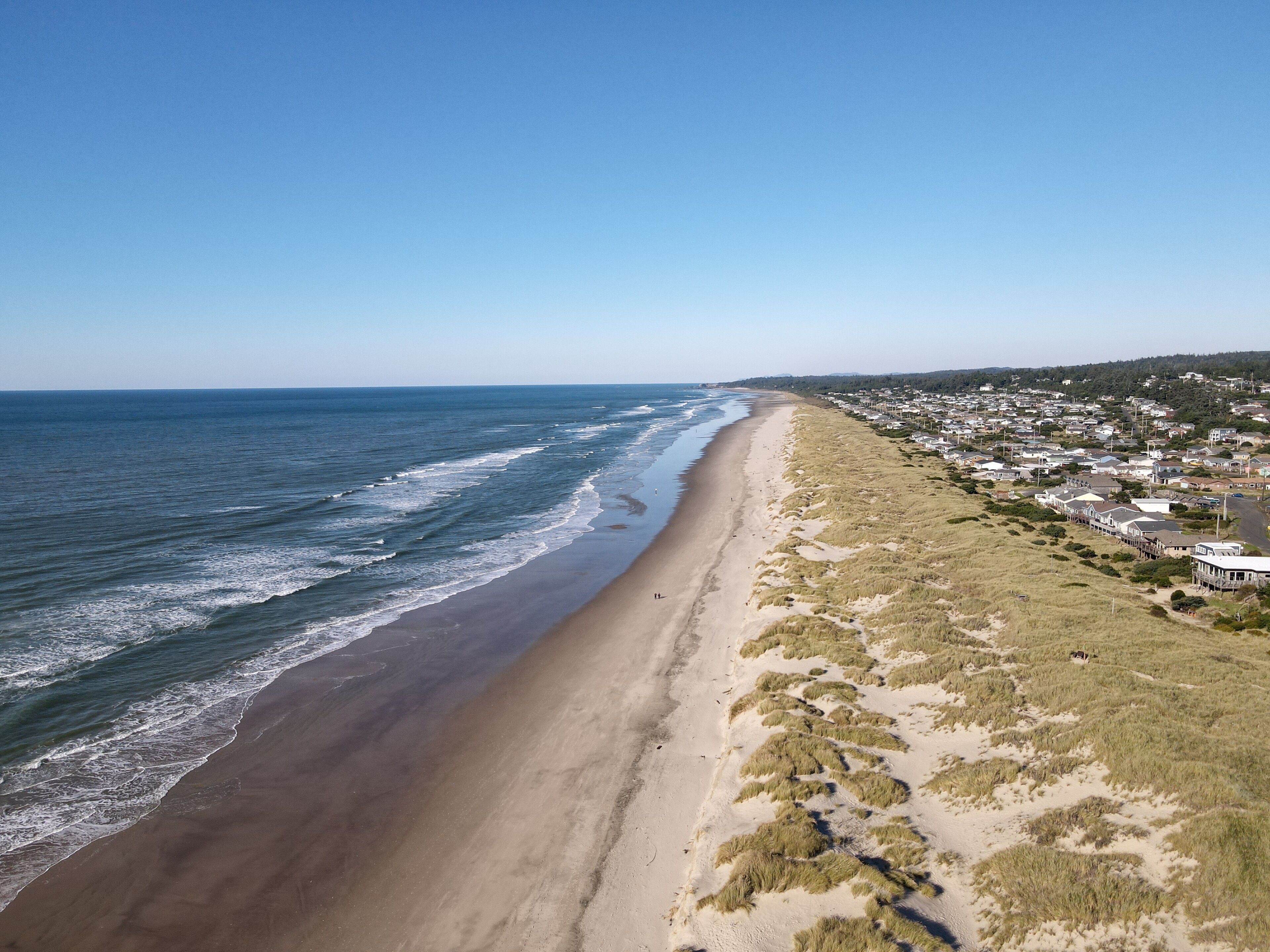 Ein Strand mit sandigem Ufer und Dünen, ein klarer, blauer Himmel und im Hintergrund eine Wohngegend mit Häusern.