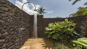 Un espace douche aux murs en pierre, agrémenté d’une cascade artificielle, doté d’un sol carrelé et de plantes tropicales.