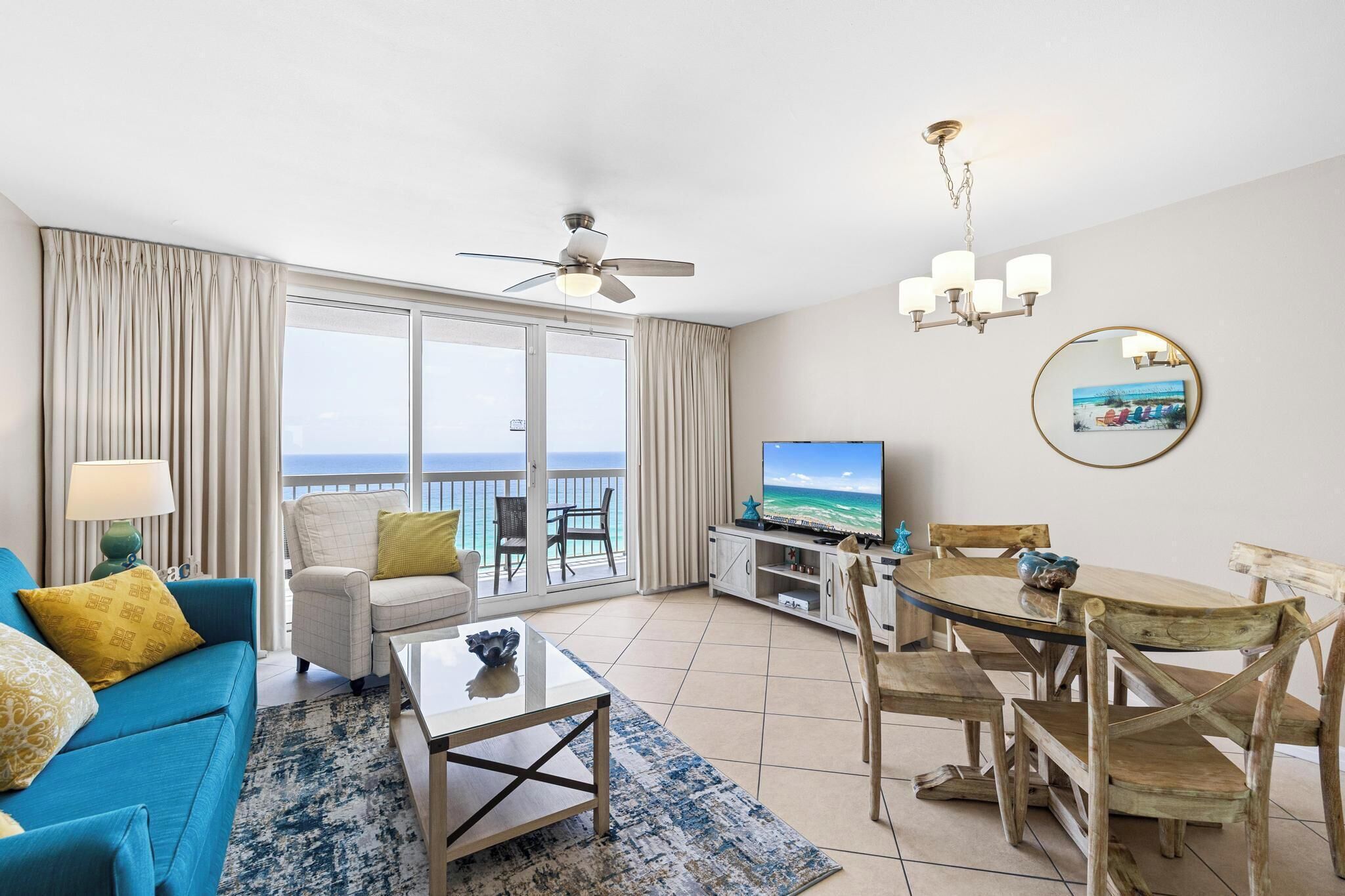 Spacious living room with ocean view and recliner