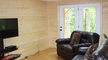 Télévision, cheminée, lecteur de DVD, vidéothèque