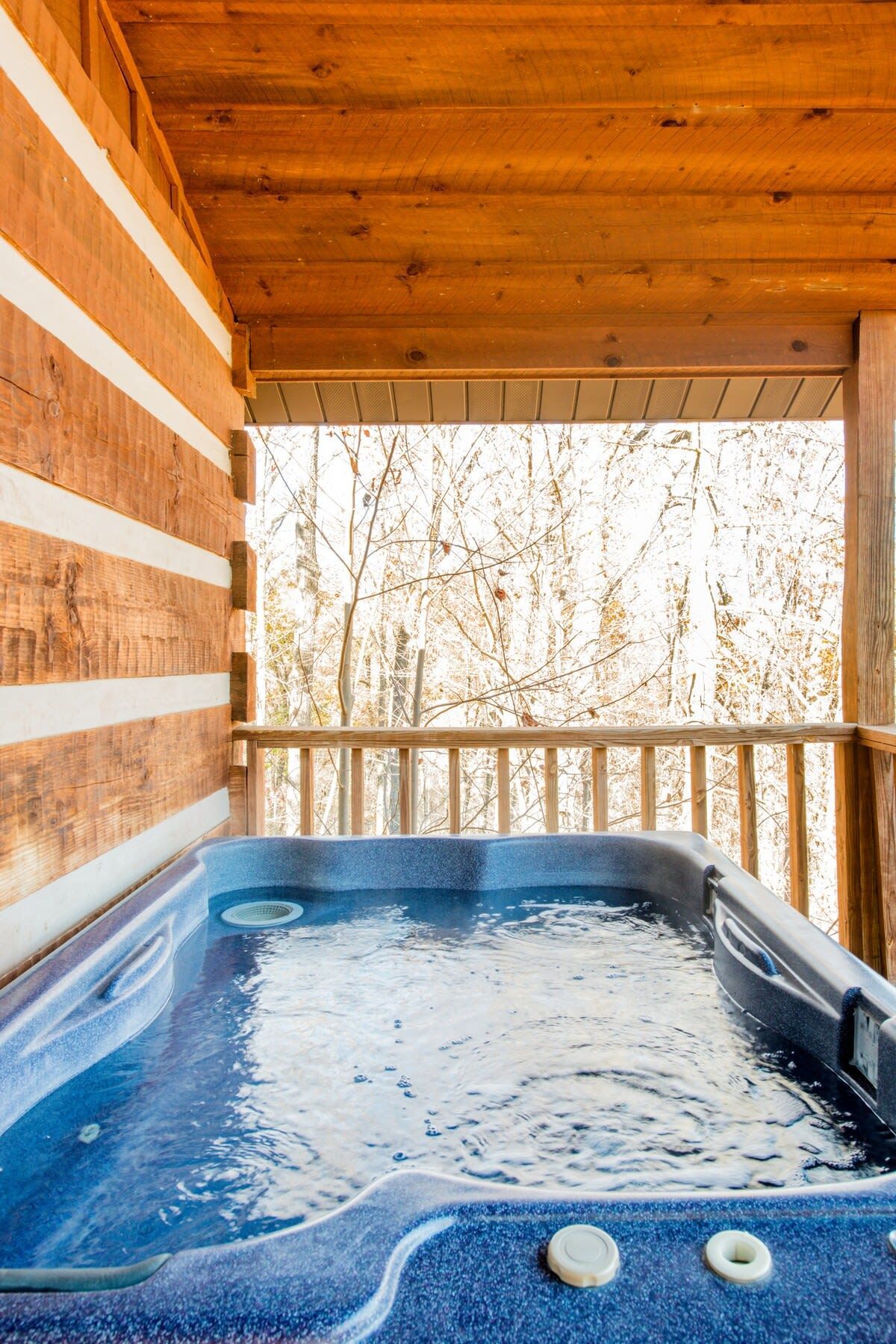 A hot tub in a wooden cabin with a view of leafless trees.