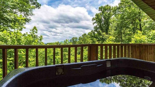 Una vasca idromassaggio con un pontile in legno e vista su una vegetazione rigogliosa e alberi.
