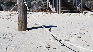 A concrete pathway with a wooden post and a metal staircase against a stone wall. - Charming Carriage House - Beach - Ocean Views - Fireplace (New London)