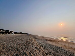 On the beach, sun loungers