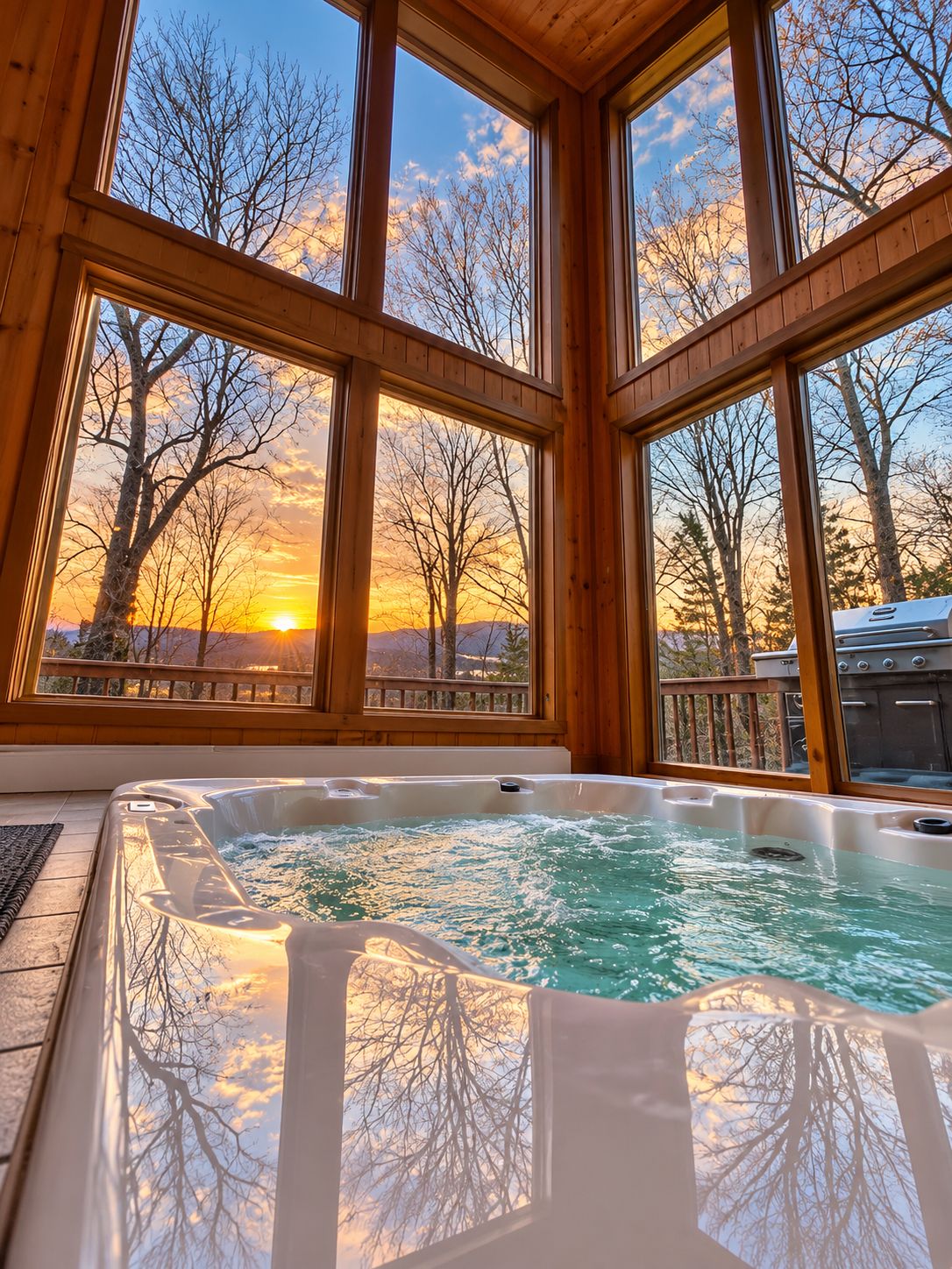 A hot tub with a view of a sunset through large windows.