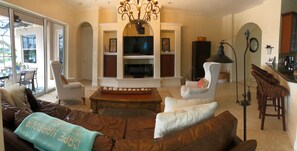 Smart TV, fireplace, DVD player, books