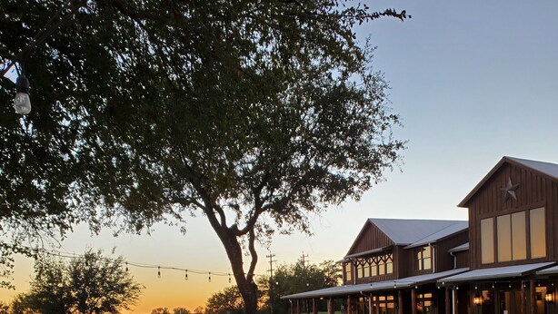 A wooden deck with a stone wall, a large tree, and a building with a star on the roof. - Air & Space Force Basic Training Grads/Ex-Large home mins from Lackland AFB/Golf (San Antonio)