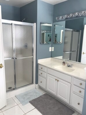 Combined shower/bathtub, jetted bath, hair dryer, towels