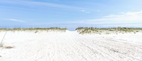 A sandy beach with dunes and a clear sky.