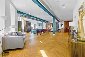 Flat-screen TV, fireplace, offices