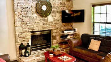 Smart TV, fireplace, video games, DVD player