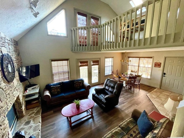 Smart TV, fireplace, video games, DVD player