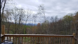 Une terrasse en bois avec un barbecue et une vue sur une zone boisée, avec une route en arrière-plan.
