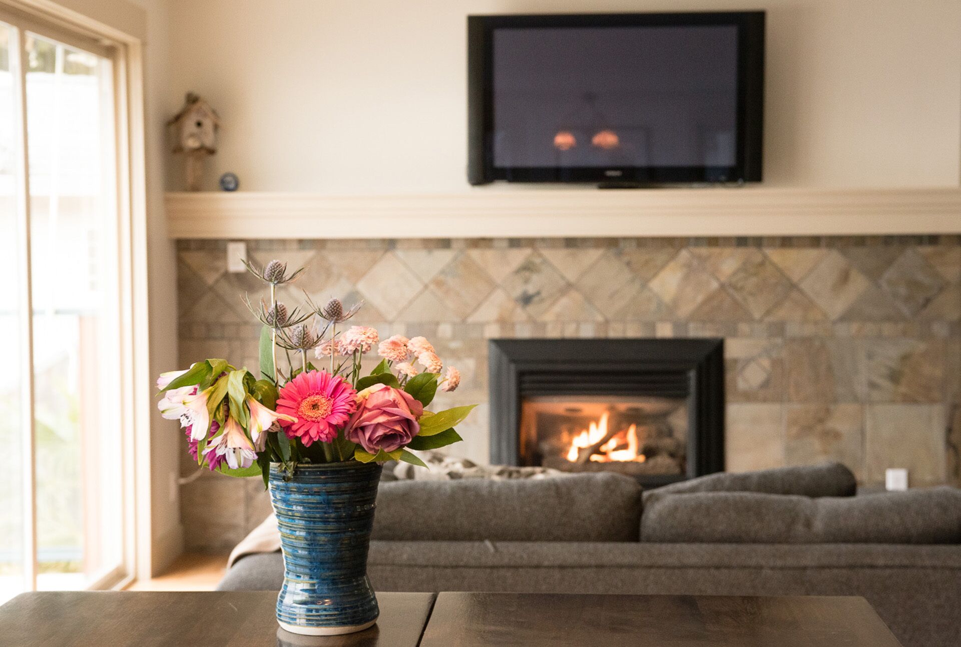 テレビ、暖炉、DVD プレーヤー、書庫