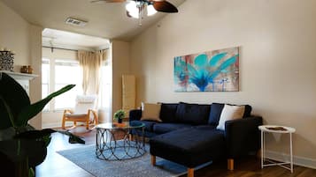 Smart TV, fireplace, books, offices