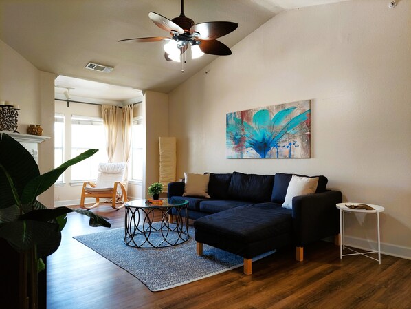 Smart TV, fireplace, books, offices