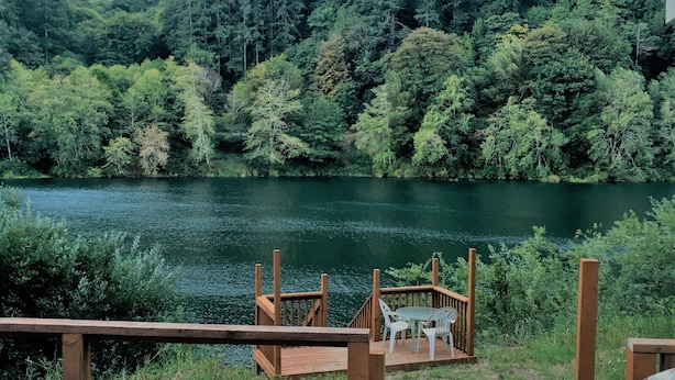 Une terrasse en bois offrant une vue sur un lac et une forêt.