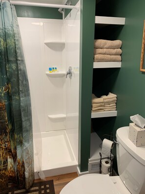 Ducha y bañera combinadas, secador de pelo, toallas y jabón