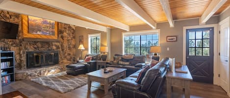 Smart TV, fireplace, video games, DVD player
