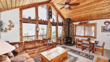 Smart TV, fireplace, DVD player, books