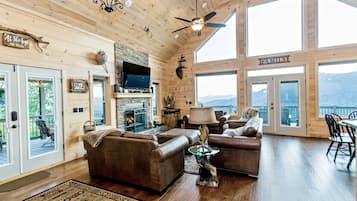 Smart TV, chimenea, reproductor de DVD, libros