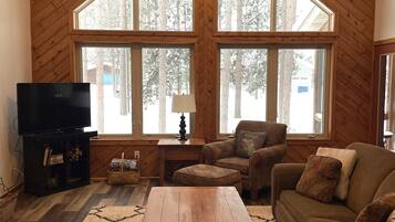 Flat-screen TV, fireplace, video games, table tennis