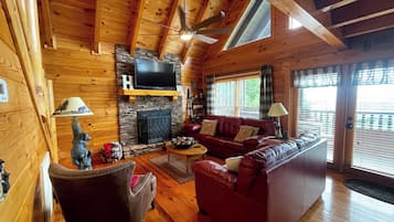 Smart TV, lareira, livros, biblioteca musical