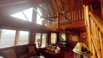 Smart TV, lareira, livros, biblioteca musical