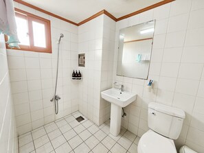 Shower, free toiletries, hair dryer, slippers